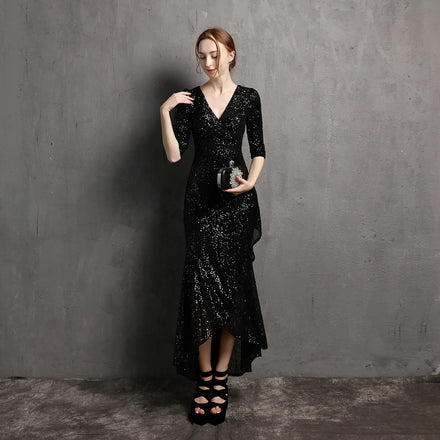 18339# European American Bead Wedding Banquet Party Long-Sleeved V-Neck Mid-Length Dresses