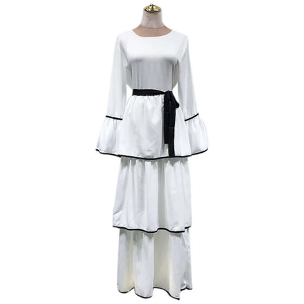 Plain Color 3layers Dress Flare Sleeve O Neck With Belt Long Skirt for Muslim Women