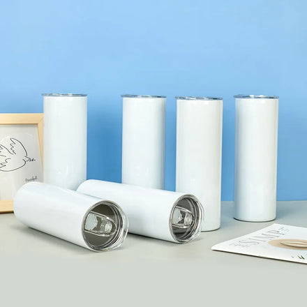Insulated 20oz Double Layer 304 Stainless Steel Water Bottle White Straight Sublimation Tumbler Blanks Straw Flip Lid Camping