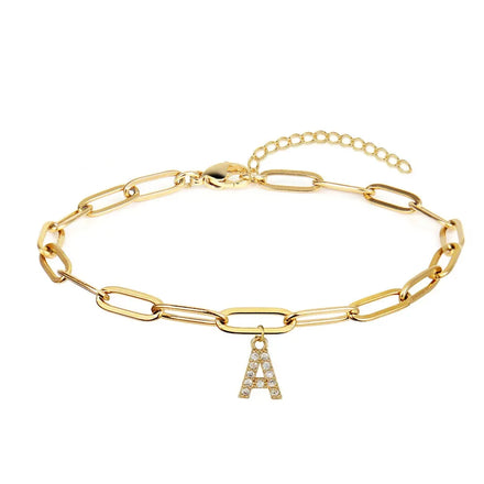 Gold Paper Clip Chain Diamond Initial Letter Bracelet Alloy Word Bracelets for Women