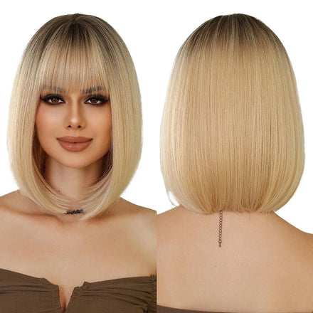 Short BOB Straight Wigs Light Yellow With Bangs Heat Resistant Synthetic Wigs for Women Natural Party Wigs