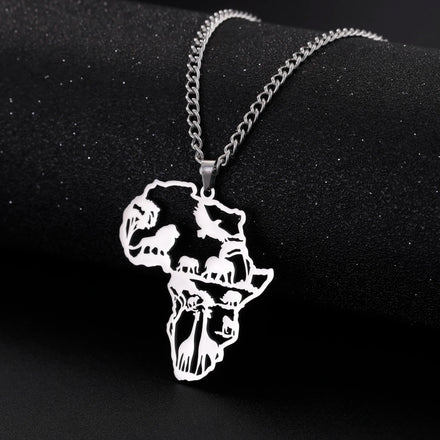 Africa Map Animal Giraffe Lion Elephant Pendant Stainless Steel Necklace Fashion Jewelry Necklaces for Woman Men
