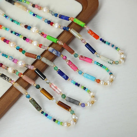 Bohemian Fashion Jewelry Gold Plated Stainless Steel Necklace Freshwater Pearl Multicolor Natural Stone Handmade Beaded Necklace