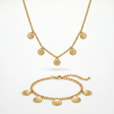 QIAOREN 11932 Trendy Scallop Shell Necklace Bracelet Set Stainless Steel Gold Curb Chain Summer Beach Jewelry for Women US EU