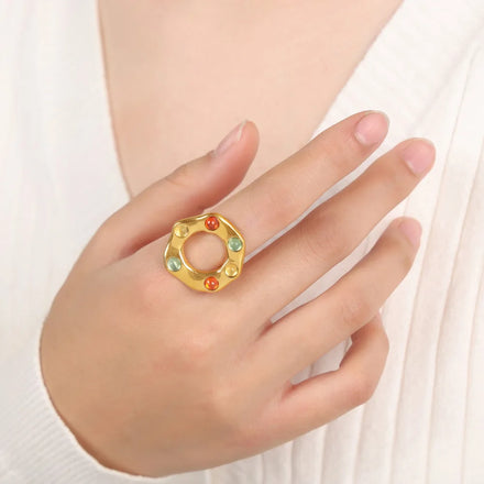 Customized Stainless Steel Rings for Women Colorful Diamond Glass Bead Ring 18k Gold Plated Geometric Ladies Rings Waterproof