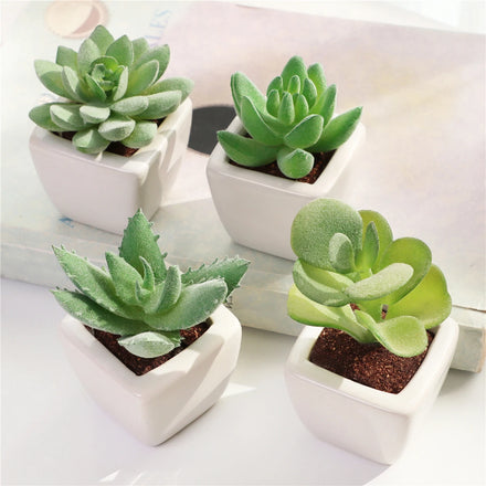 Set of 4 Square White Ceramic Potted Mini Green Artificial Succulents for Home Desk Decor