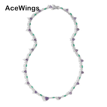 BC182 Women Purple Heart Shape Zircon Necklace Silver Plated Brass Cz Geometric Tennis Link Chain Fashion Jewelry