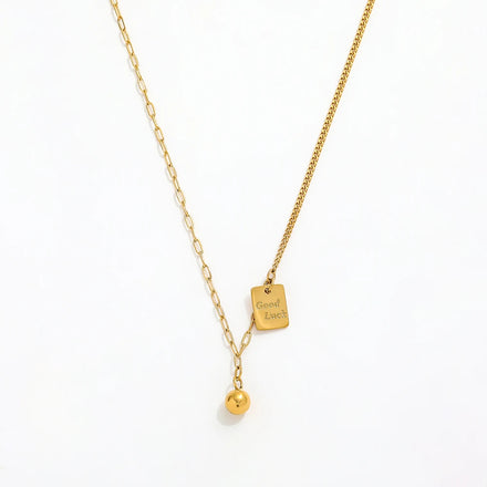 Joolim Jewelry 18K PVD Gold Plated Good Luck Rectangle Pendant Paper Pin Curb Chain Mixed Necklace Stainless Steel Jewelry