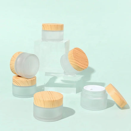30g Wood Grain Lid and Frosted Tank Body Glass Jar Premium Glass Jars with Attractive Refillable Cream Glass Jar