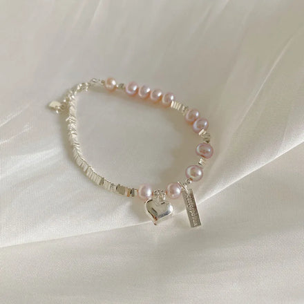 Pink Freshwater Pearl Broken Silver Beaded Bracelets 925 Sterling Silver Charm Heart Shape Women Bracelets Fine Jewelry