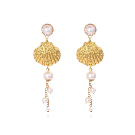 Vacation Style Alloy Shell Pearl Design Imitation Pearl Long Tassel Drop Ears Stud Elegant Luxury Fashion Modern Trendy Jewelry