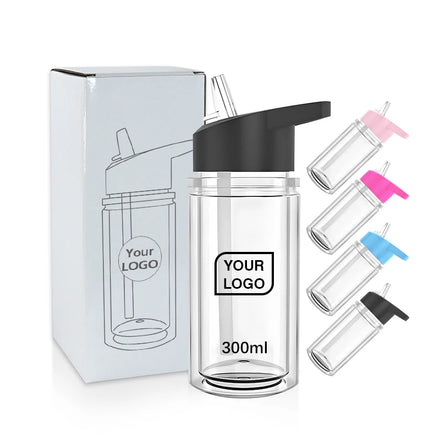 10oz Double Wall Clear Plastic Acrylic Pre-Drilled Hole With Stopper Sippy Snow Globe Kid Water Bottle DIY Gift