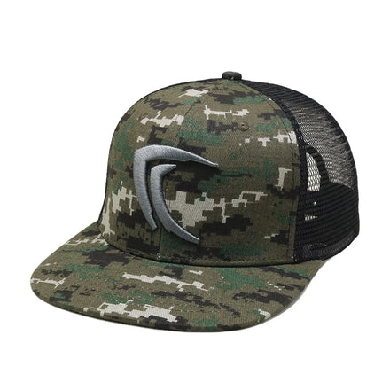 GOLDFOUR GC-7088 ODM Factory Custom 3D Embroidery Character Unisex Snapback Flat Bill Caps Camo Trucker Hat Cotton+Mesh Fishing