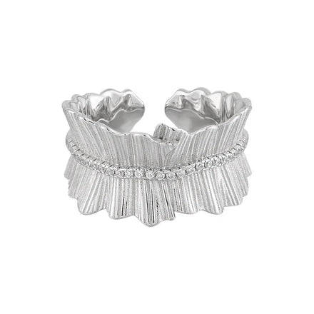 Original Korean Style S925 Sterling Silver Ring Texture Irregular Hemline Zircon Wide Finger Women Fine Jewelry Gifts