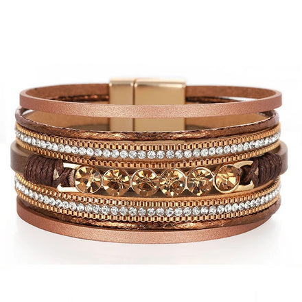 European American Vintage Leather Wrap Bracelets Light Luxury Crystal Bracelet Personality Magnetic Buckle Bracelets for Women