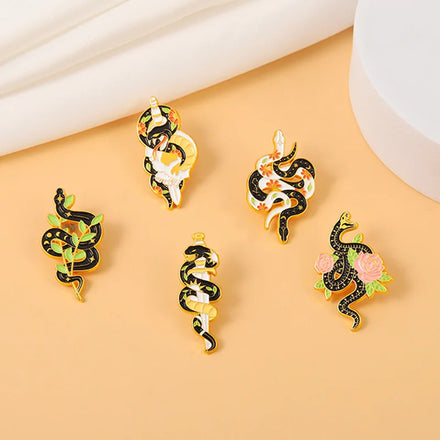 Black Snakes Two Head Snake Winding Sword Flower Punk Dark Brooches Enamel Lapel Pin Jewelry Gift