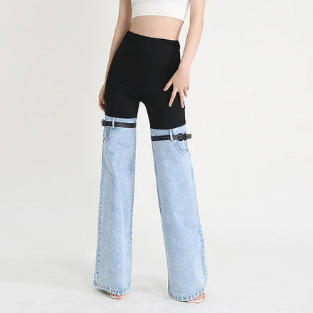 2024 New Style European American Street Trendy Loose Jeans Elastic Waist Personalized Splicing Straight Wide Leg Casual