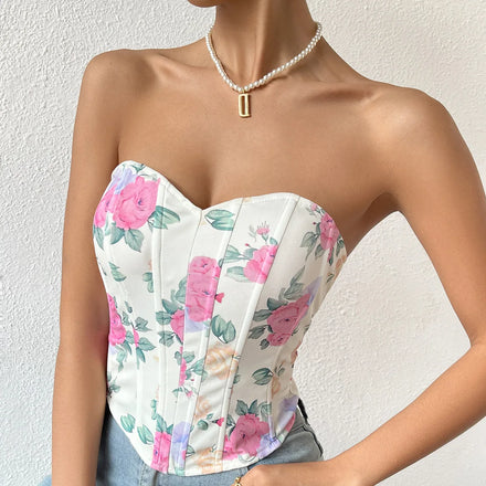 European and American Sexy Spicy Girl Low Cut Open Back Flower Wrapped Chest Diamond Fish Bone Tie Waist Corset Vest