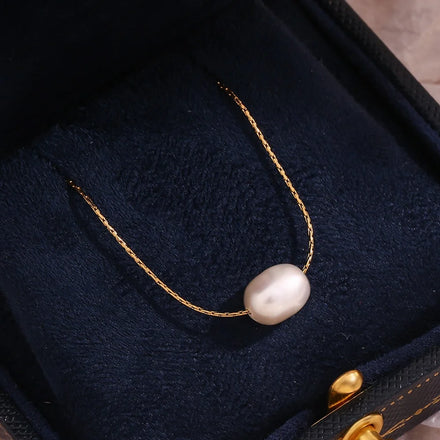 Dreamshow Minimalist Fresh Water Pearl Chain Necklace Gold Plated Stainless Steel Charm Necklace