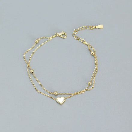 Double Layer Fine 18k Gold 925 Sterling Silver Jewelry Silver Heart Charm Bracelet Women