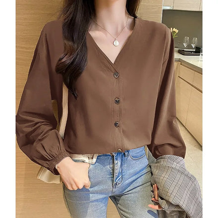 9040# Ready Stock European and American Style Women's V-neck Long-sleeved Fashion Solid Shirts