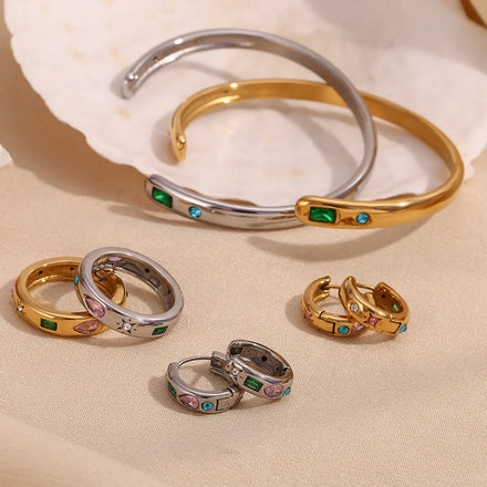 Dreamshow Colorful Zircon Jewelry Set Waterproof Cuff Bangle Earring Ring Set Gold Plated Stainless Steel Jewelry