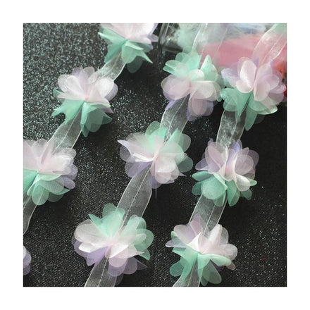 Wholesale 6cm 3D Multi-color Chiffon Flower Lace Trimming Fabric for Clothing Dancing Bridal Dress XF18 12 Flowers/yard