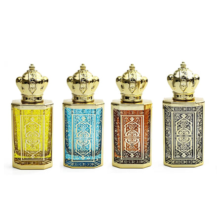 Factory Customized Arabic Style Flat Perfume Bottle with Screen Printed Gold Design and Screw Cap