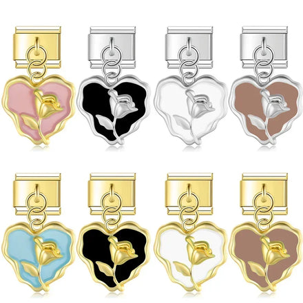 Hapiship 2024 New Fashion Romantic Heart Flower Charm Italian Link Fit 9mm Bracelet Stainless Steel Making DIY Jewelry DJ744