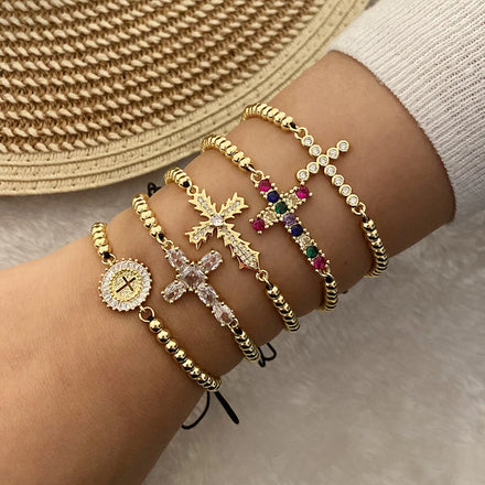 2024 Fashion Trend High Quality Bracelet Copper Gold Plated Jewellery Beaded Black Cord Cross Pendant Woven Bracelet for Women