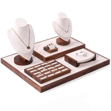 Classic Walnut Wooden Luxury Adjustable Customizable Ring Earring Necklace Bracelet Pendant Jewelry Display Table Set Package