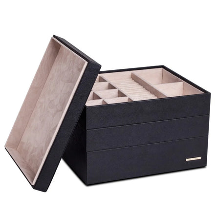 High End Black Brown Stackable MDF Ring Earrings PU Leather Jewelry Display Organizer Tray with Velvet Lining Lid Custom Logo