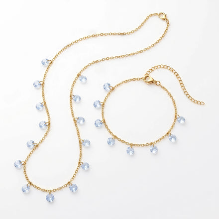 QIAOREN 11935 Waterproof Blue Zirconia Jewelry Set Stainless Steel Gold Station Dangle Necklace Bracelet Gift for Women US