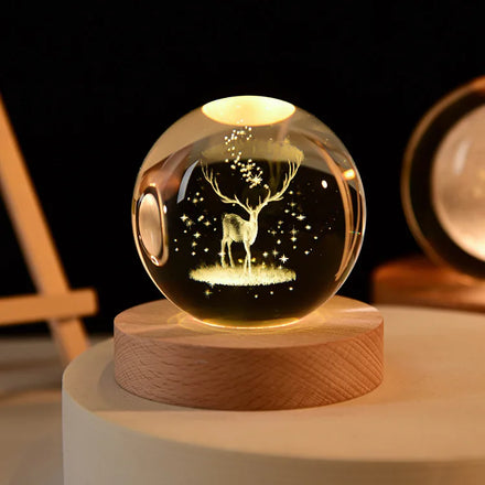 3D Laser Engraved Snowman Deer LED Light Glass Ball Warm White Christmas Crystal Ball with Wood Base for Holiday Decorations