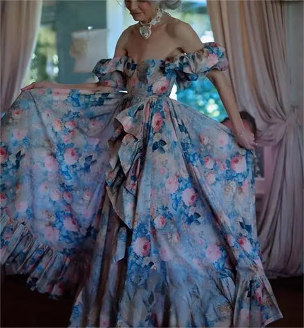2024 Summer New Style V-neck Tube Top Flying Sleeves Fresh Ruffled Patchwork Printed Long Dress for Women