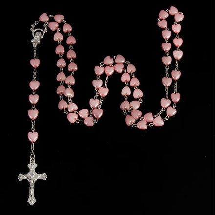 8mm Catholic Rosary Beads Jewelry Religious Heart Beads Artificial Pearl Rose Charm Cross Necklace for Mother's Day Gift