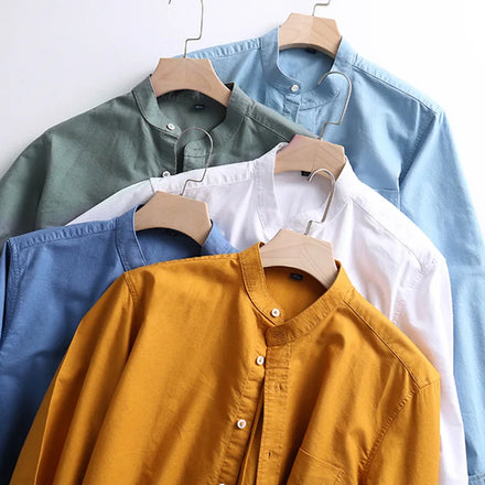 RNSHANGER New Pure Cotton Spring Breathable Casual Stand Collar Oxford Spun Long Sleeve Japanese No-Iron Fashion Men's Shirt