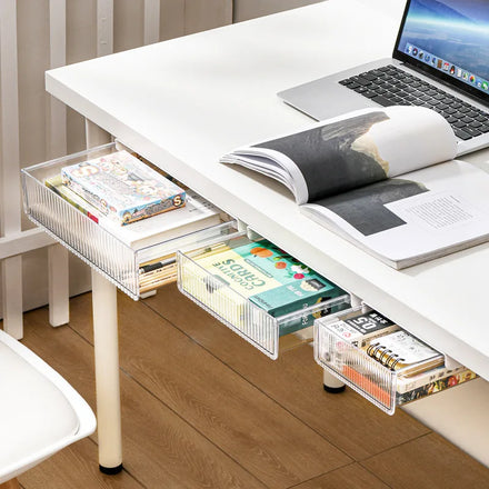 OWNSWING Under Desk Storage Drawer Self-Adhesive Drawer Organizer Transparent Drawer Hidden Under Table for Home Office