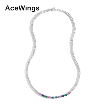 BC181 3MM Colorful Women's Geometric Link Tennis Chain Necklace Brass CZ Silver Plated Hip Hop Fashion Jewelry