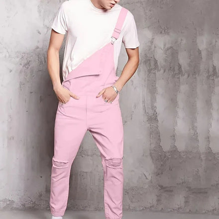 Men's Denim Bib Overalls Casual Ripped Jean Overalls With Pocket Fashion Long Pink Cargo Pants Suspender Trousers