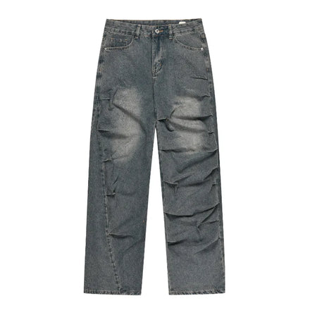 Denim Boyfriend Stonewashed Faded Blue Plus Size Winter Autumn Button Streetwear Pleated Design Straight Jeans for Men