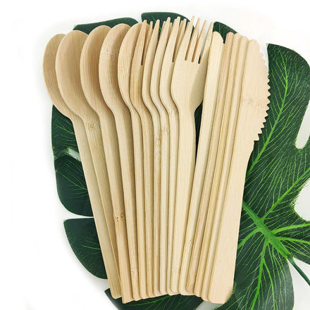 Biodegradable Bamboo Cutlery Travel Set with Craft Bag Includes Wooden Spoon Flatware for Picnic Disposable Party Supplies Kits