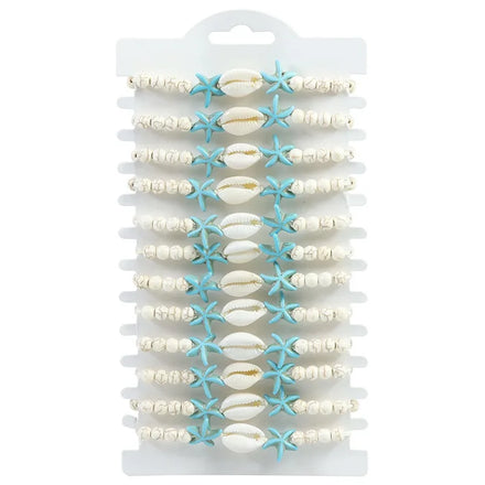 12Pcs/lot Artificial Turquoise Round Bead Blue Starfish Seashell Charm Braided Bracelet Seashell Beach Jewelry Gifts