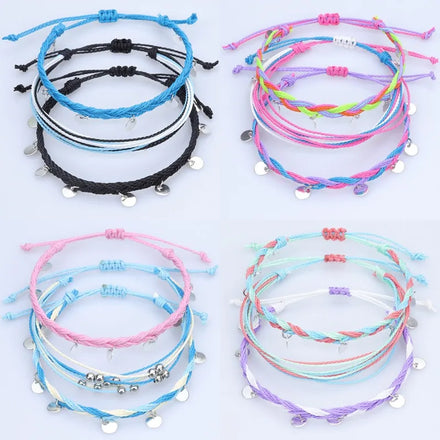 3Pcs Colorful Wax String Summer Ankle Bracelet Summer Beach Boho Braided Adjustable Rope Anklets With Round Coin Charm for Women