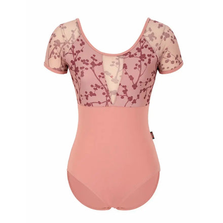 Women Ballet Dance Leotards Short Sleeve Mesh Floral Backless Bodysuit for Gymnastics