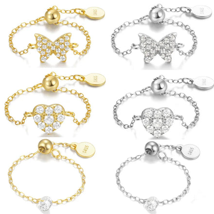 Fashion Jewelry 925 Sterling Silver Rings Heart butterfly Round Zircon Adjustable Gold Plated Chain Rings for Women