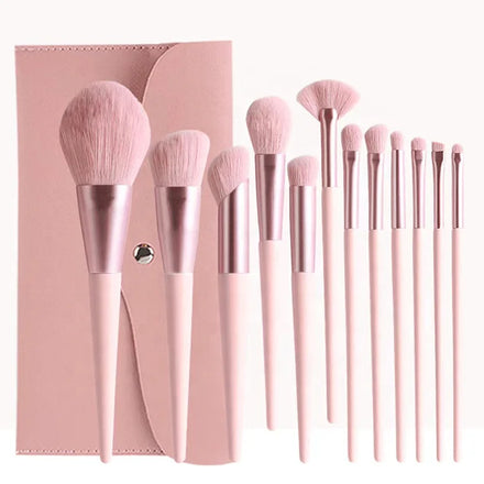 Soft Bristle Professional Good Quality Low MOQ Synthetic Hair Cosmetics 12pcs Makeup Brush Set with PU Bag Eye Shadow Fan Brush