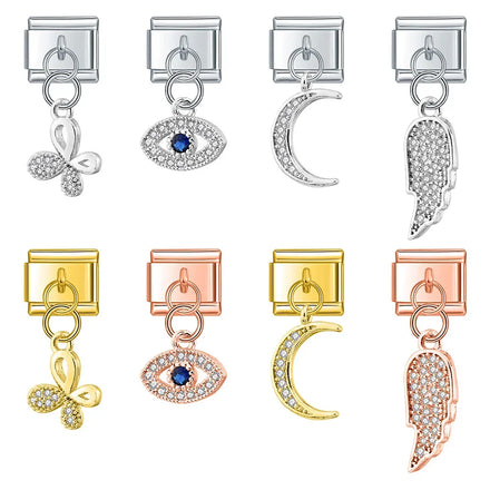 Hapiship Fashion Moon Eye Butterfly Angle Wing Shiny CZ Charm Links Fit 9mm Stainless Steel Bracelet DIY Making Jewelry DJ418