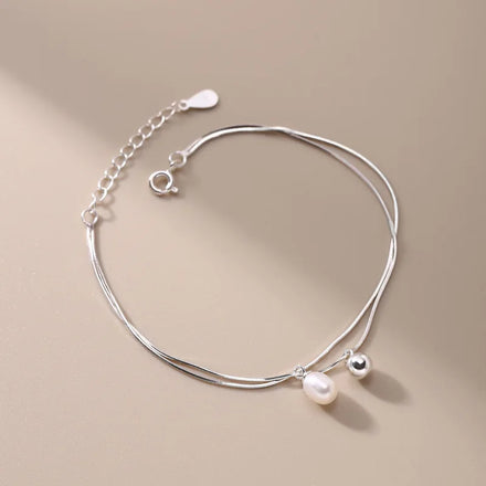 Statement Double Layer Snake Chain Bracelet Natural Freshwater Pearl Charm 925 Sterling Silver Bracelets Women Fashion Jewelry