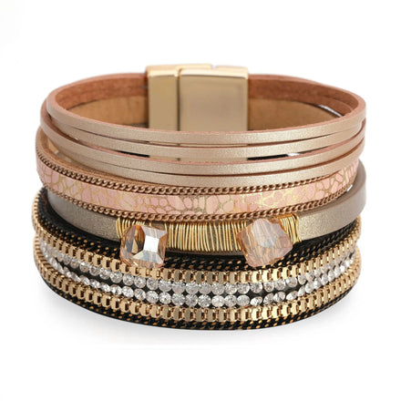 2025 Trendy Bohemian Style Bracelet Multi-layer Leather Diamond Embellishments Bracelet Magnetic Buckle Bracelet for Women
